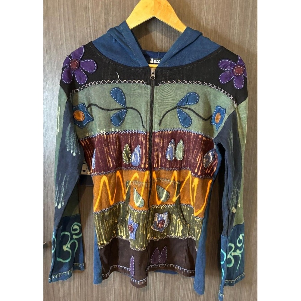 Jayli Boho Patchwork Hoodie Womens Medium Multicolor Hippie Long Sleeve Full Zip